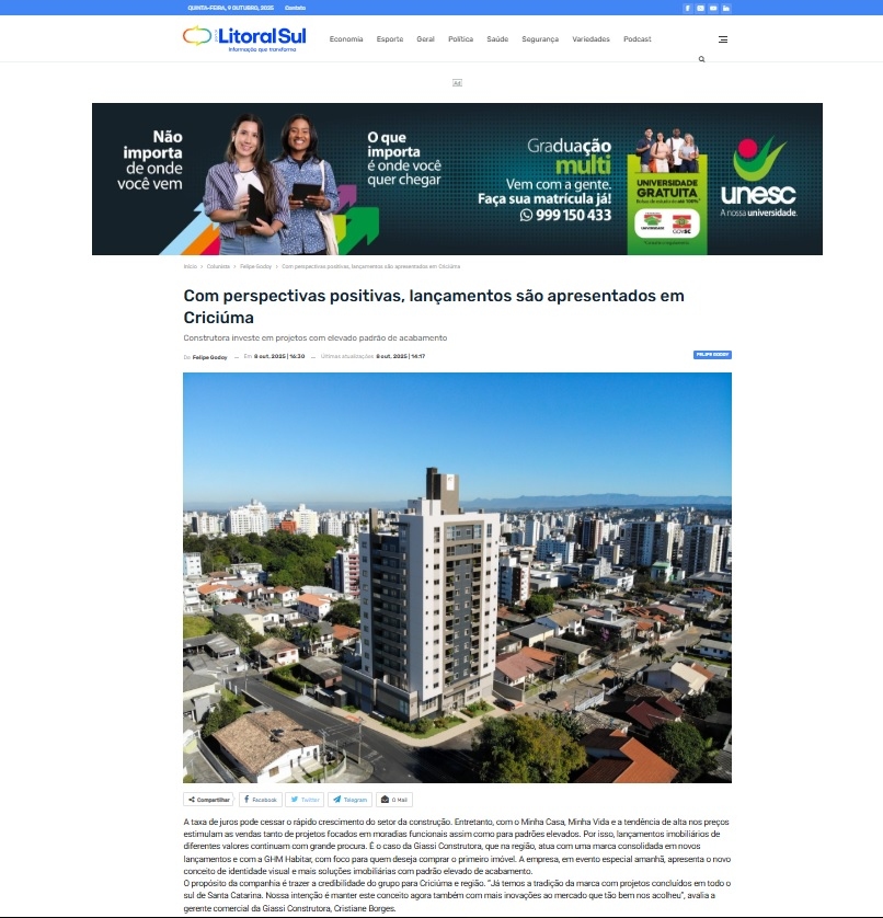 Coluna Felipe Godoy 08.10.2025 - Lançamentos imobiliários em Criciúma