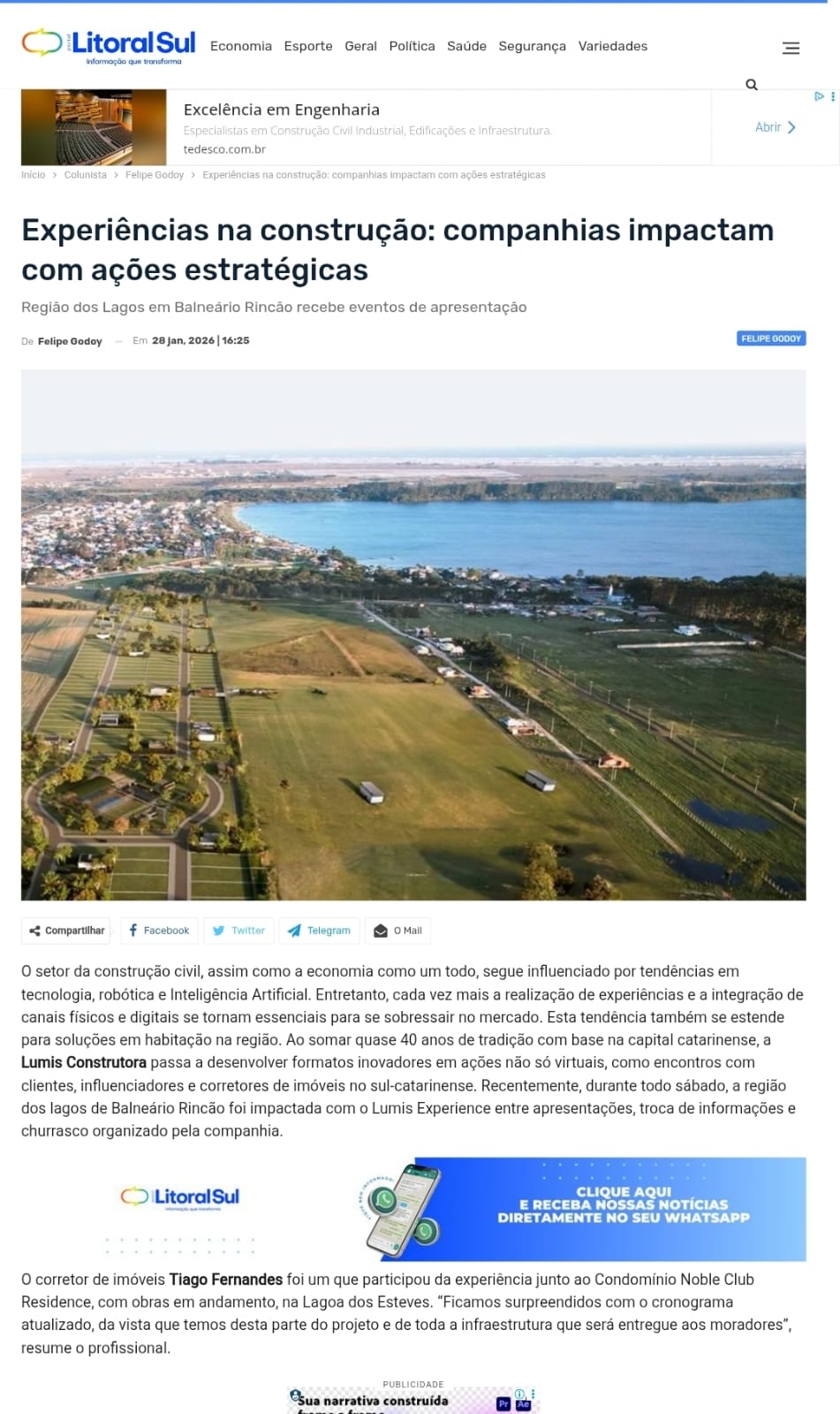 Coluna Felipe Godoy 28.01.2026 - Condomínios na Praia do RIncão - Lumis Construtora