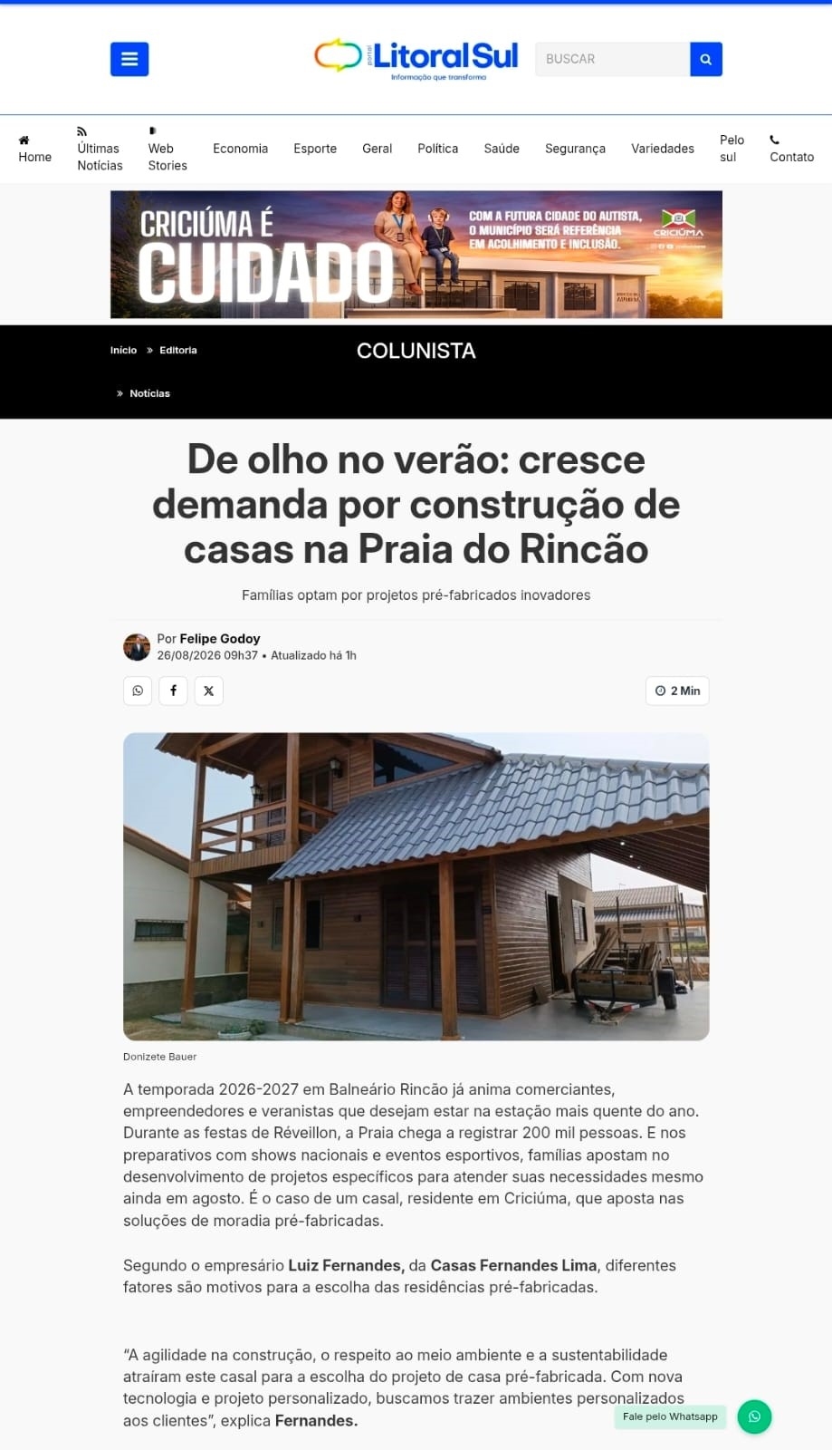 Coluna Felipe Godoy 26.08.2026 - Casas em Balneário Rincão
