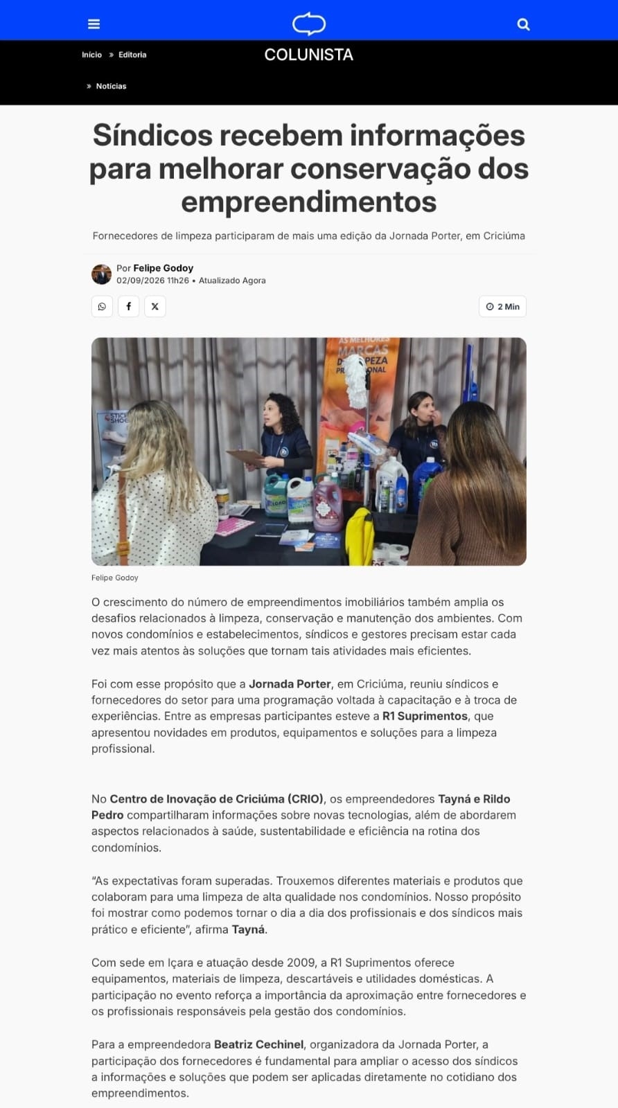Coluna Felipe Godoy 02.09.2026 - Limpeza Profissional para Síndicos